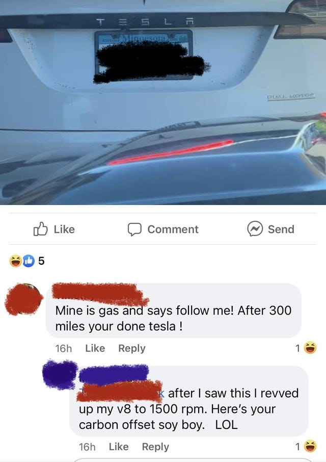 r/insanepeoplefacebook - Fellas, is it gay to drive an electric vehicle? 🙄