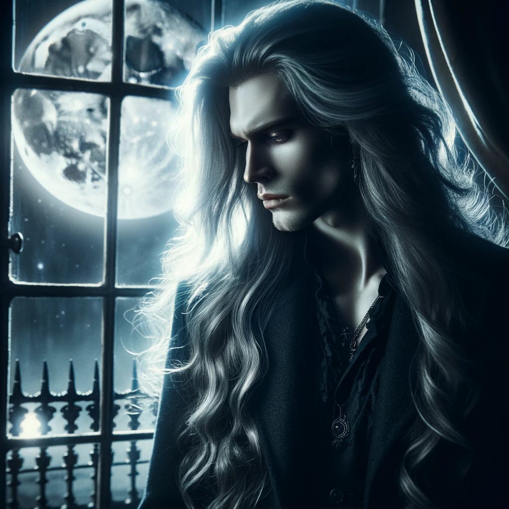 A vampire brooding by the window under the moonlight — Created by Dall-E