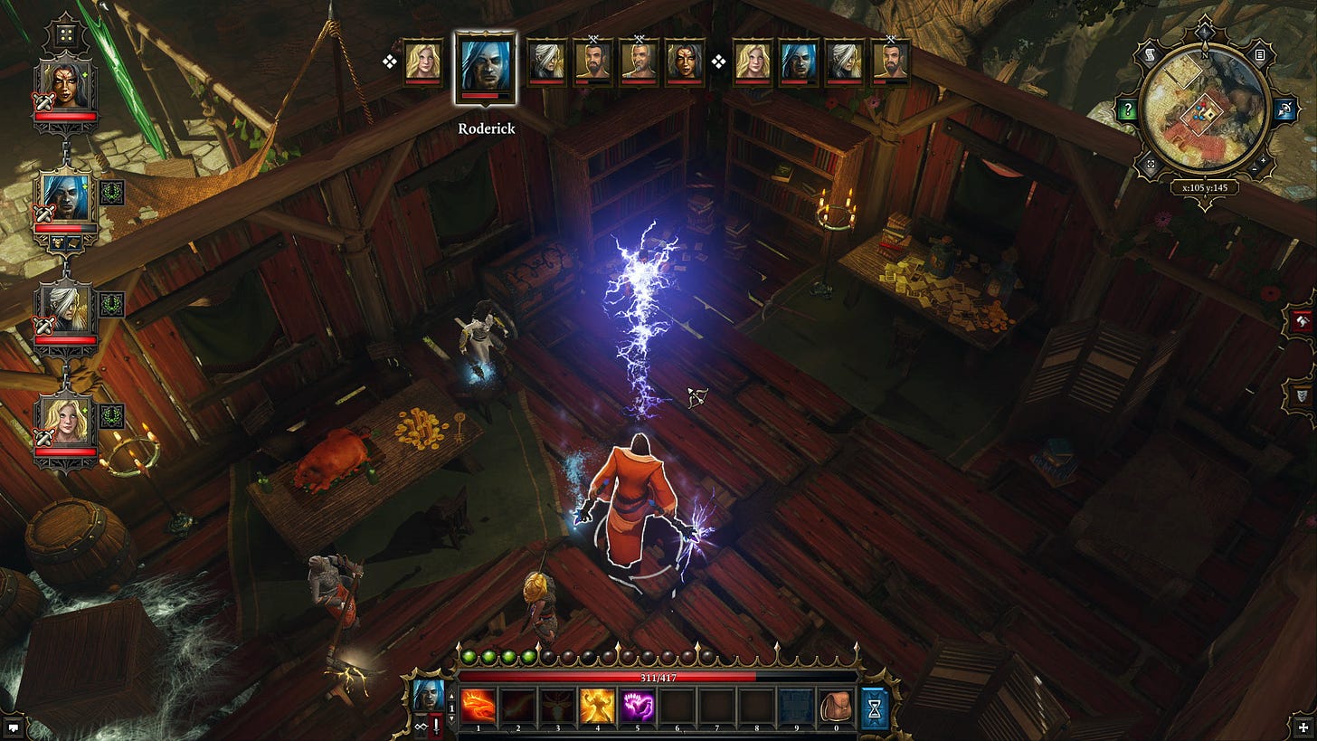 Four party members are represented by icons on the left. A turn queue is represented by a row of icons on the top. Within a tavern, a character in a red robe casts a lightning spell.