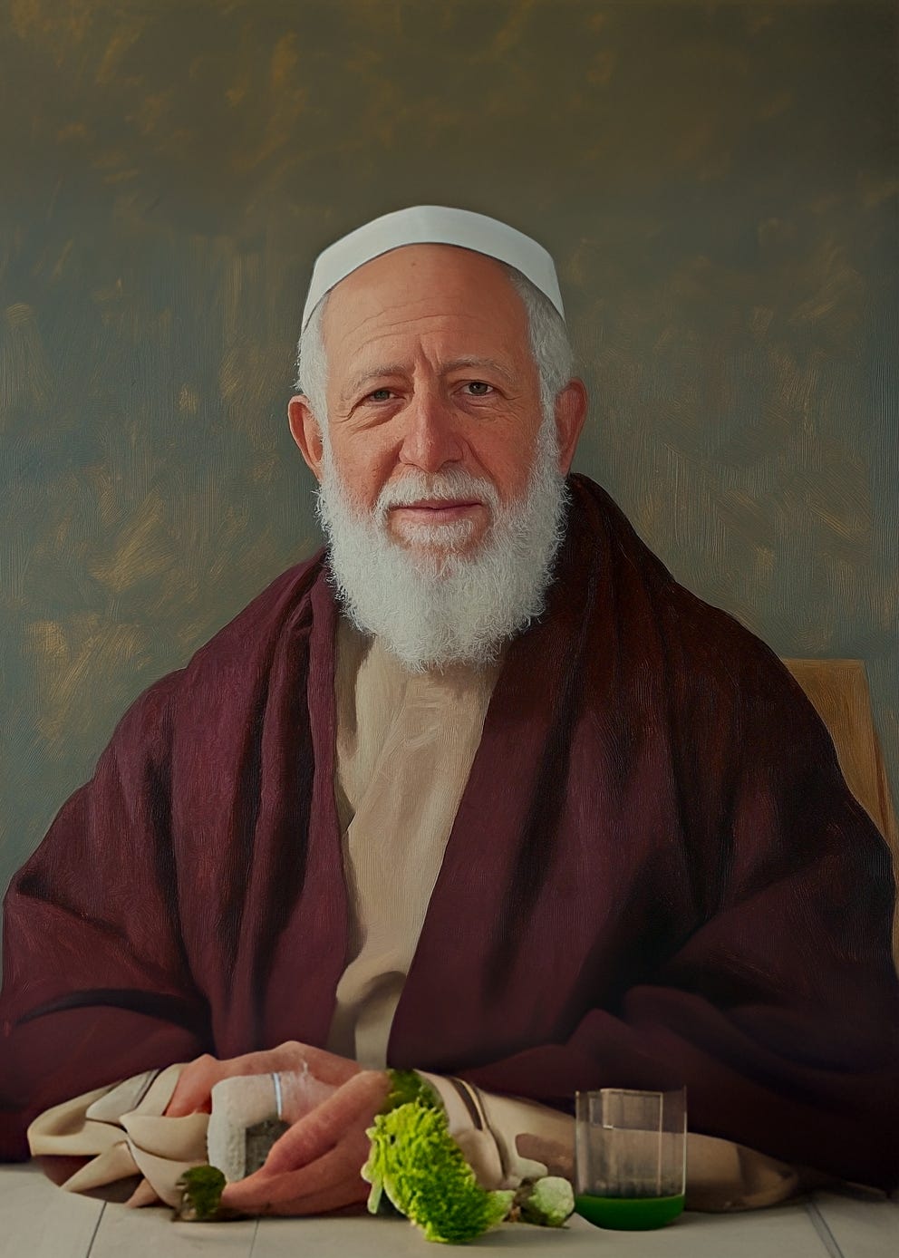 Portrait of a seated man with white beard wearing a skullcap and a scarlet robe