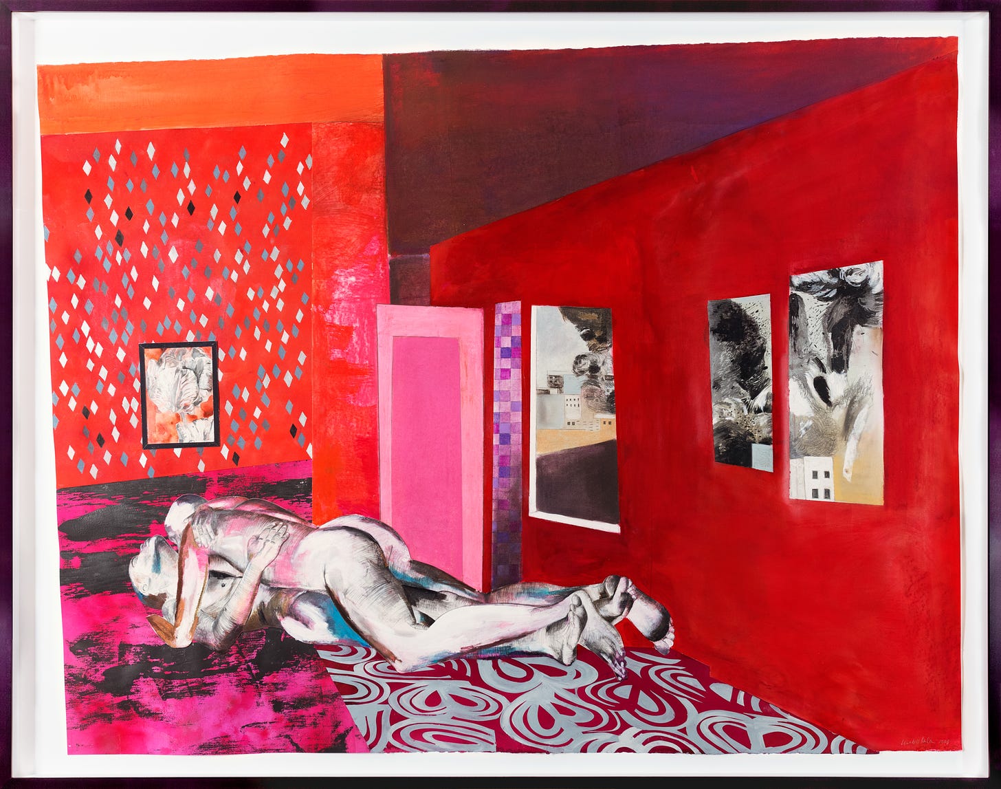 Image of a mixed media painting of a bright red, pink and purple domestic interior. Two nude figures are wrapped in intimate embrace on the floor while the view through a window shows buildings on fire outside.