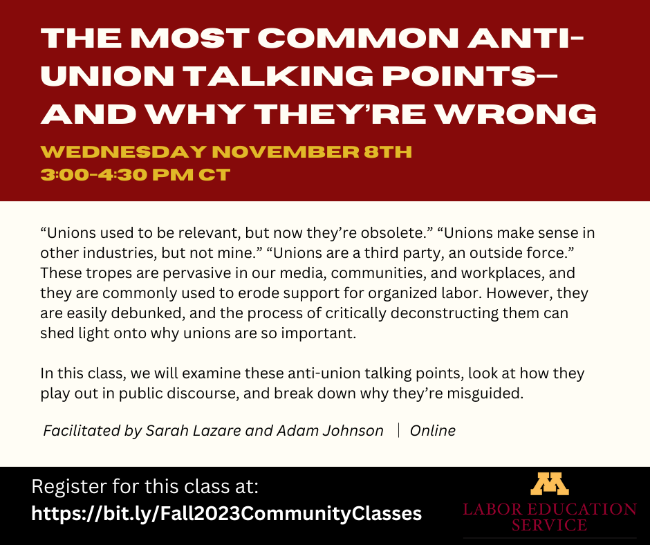 an infographic with details about the most common anti-union talking points class