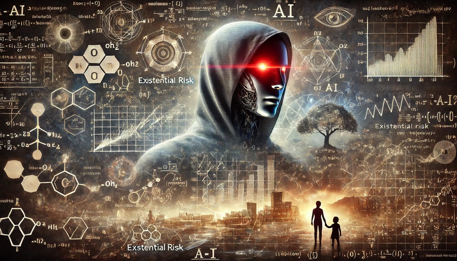 A metaphorical representation of a mathematical model of existential risk from AI. Show a large, ominous robotic figure representing AI, casting a long shadow over a complex landscape filled with mathematical equations, graphs, and charts. The equations and graphs should be intertwined with images of humanity, such as a family, buildings, and nature, showing their interconnectedness. The background should be dark and foreboding, with a subtle glow around the equations and the human elements to highlight their importance. The robotic figure should have a piercing red eye, symbolizing the potential threat, while the glow around the human elements suggests hope and the importance of careful consideration.