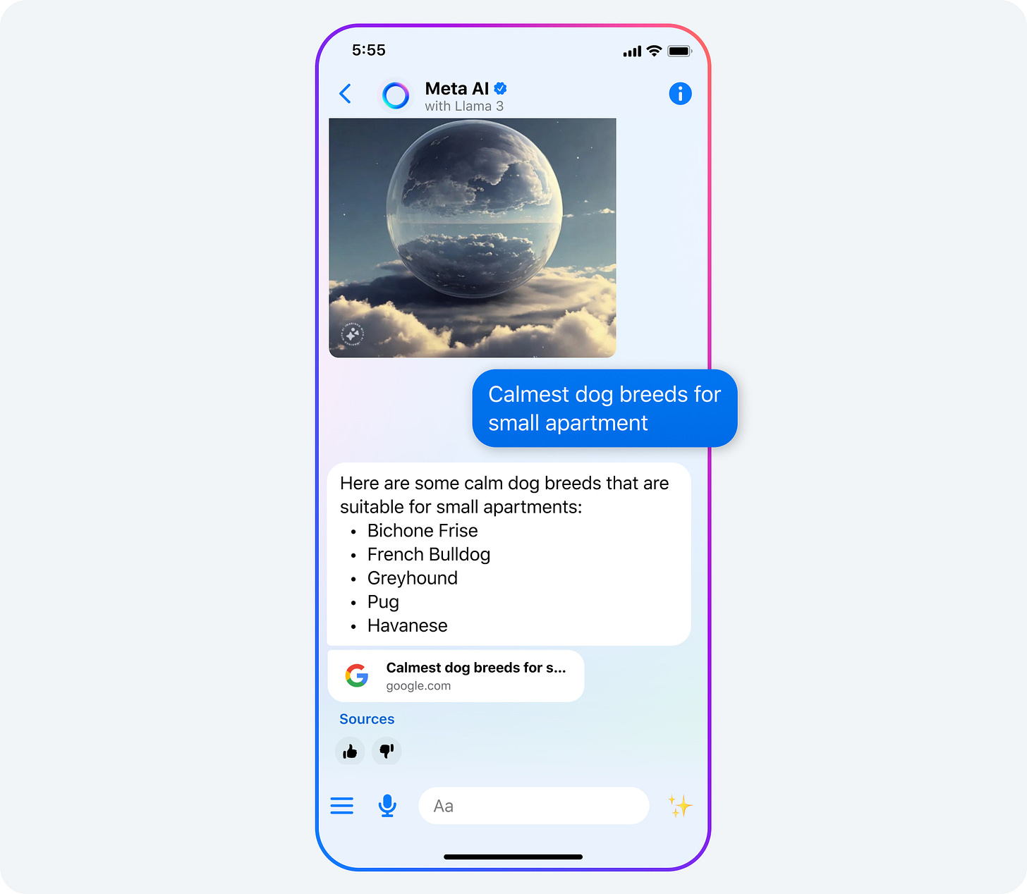 Phone screen showing a Messenger chat with Meta AI