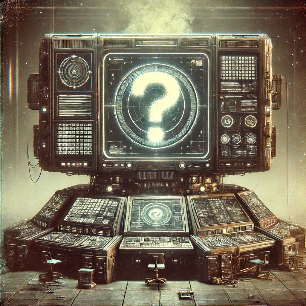 Here is the image of the futuristic yet dilapidated large computer console, hard at work with intense activity, emitting smoke, and featuring a central screen displaying a large question mark. The grainy texture enhances the atmospheric sense of overwork and disrepair.