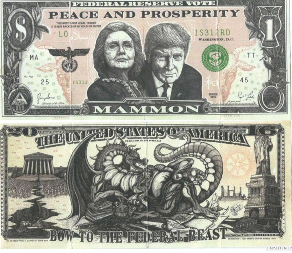 A decorated dollar bill featuring a portrait of Hillary Clinton and Donald Trump, with a bunch of "New World Order" type imagery in it.