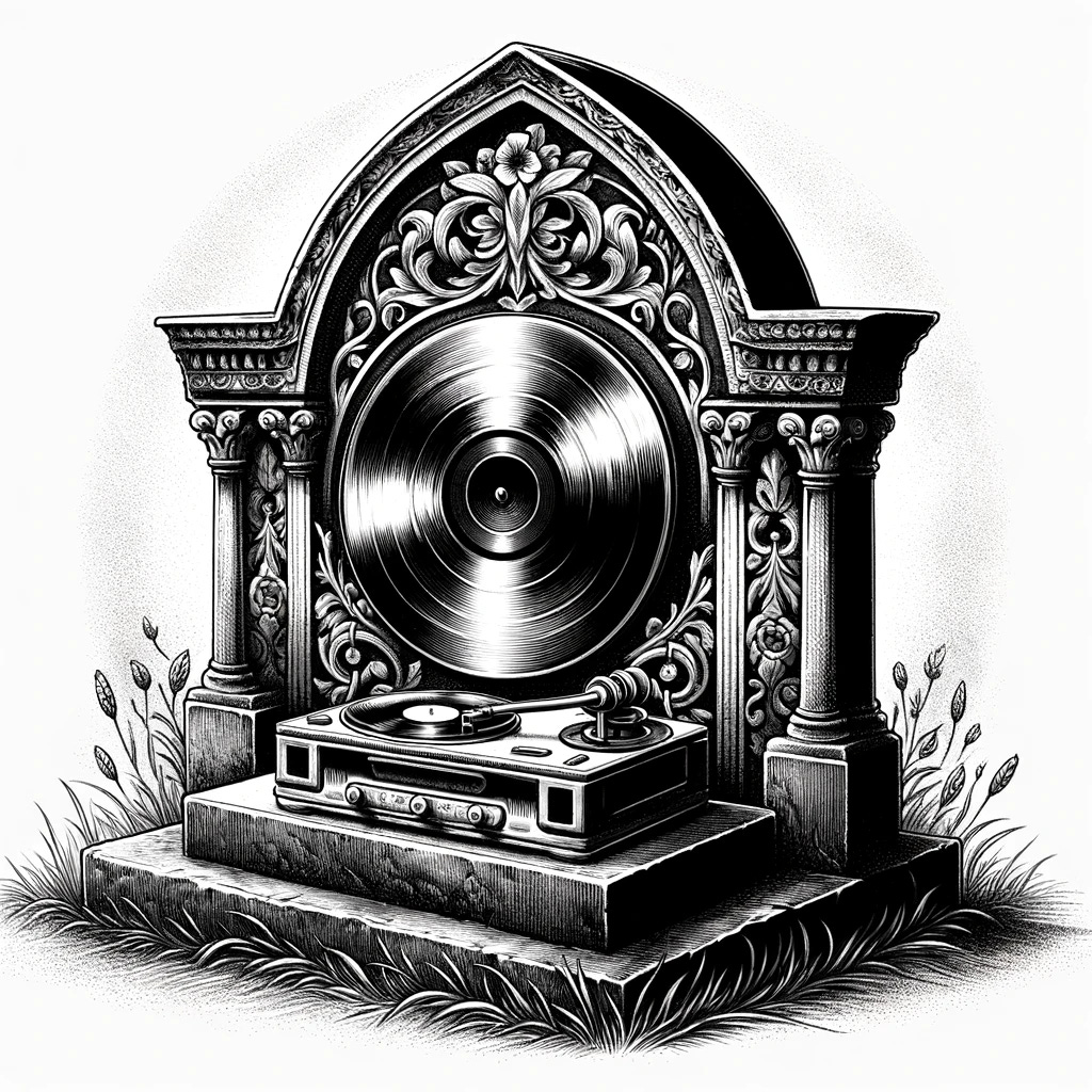 Create an image in a pen and ink style depicting a beautiful, ornate gravestone with the design of a modern turntable playing a record, symbolizing the idea of being buried with your records. The gravestone should be detailed and elaborate, featuring intricate carvings that incorporate elements of a turntable and a vinyl record in the design. This artistic representation suggests a deep and enduring love for music, illustrating the notion that music is an integral part of one's legacy, so much so that it accompanies them even in death. The image should capture the contrast between the timeless tradition of memorializing with gravestones and the modern love for vinyl records, blending the two in a unique and poignant tribute to a life lived with a soundtrack. The overall composition should evoke a sense of reverence and admiration for the fusion of music and memory, highlighting the special connection between the individual and their cherished music collection.