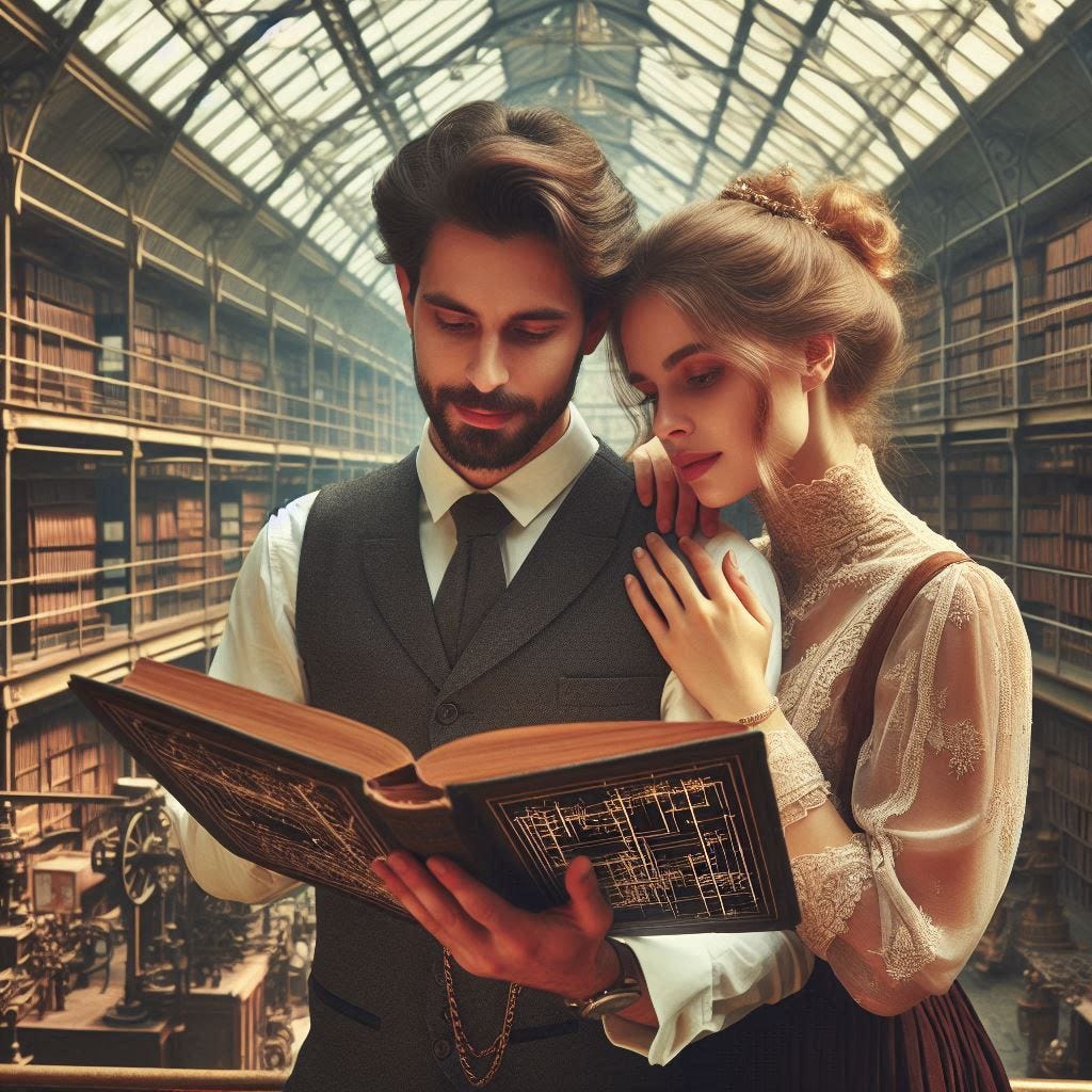 A scholar and his beautiful fiancee are reading a technical book together in a early twentieth century two-level steel frame library with lots of glass and sunlight.