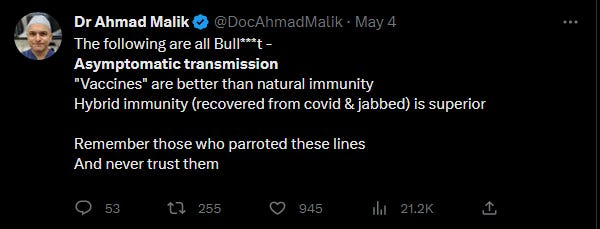 a tweet from newfound antivax grifter ahmad malik in a ridiculous meltdown for social media likes 