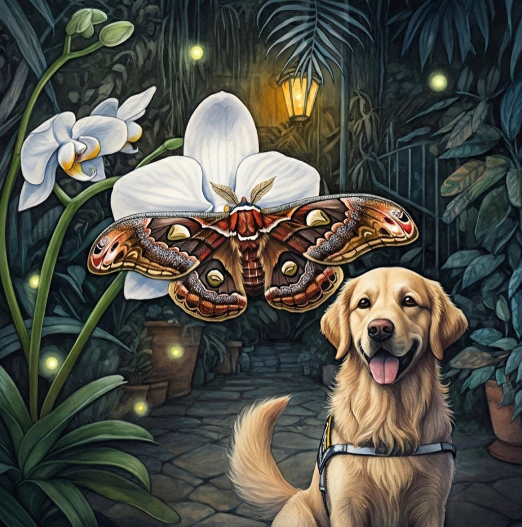 Image of Ghost Orchid, Giane Sphinx moth, fireflies, and Golden Retriever Guide Dog on New Orleans courtyard garden path