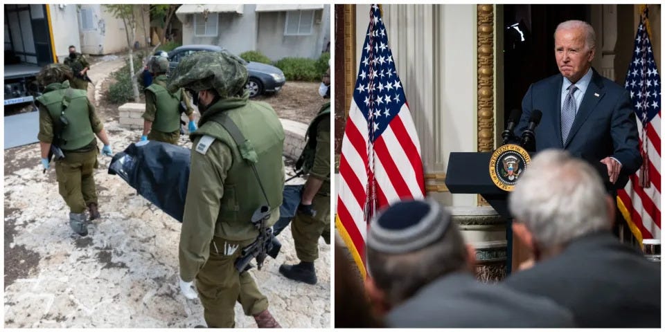 Left: Soldiers carry a black body back in Israel. Right: President Joe Biden stands at a podium speaking.