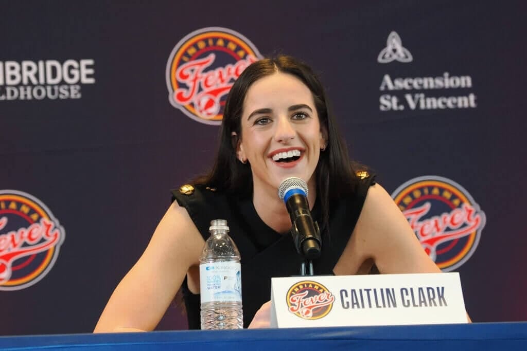INDIANAPOLIS, IN - APRIL 17: Caitlin Clark of the Indiana Fever talks to the media during an introductory press conference on April 17, 2024 at Gainbridge Fieldhouse in Indianapolis, Indiana. NOTE TO USER: User expressly acknowledges and agrees that, by downloading and or using this Photograph, user is consenting to the terms and conditions of the Getty Images License Agreement. Mandatory Copyright Notice: Copyright 2024 NBAE (Photo by Ron Hoskins/NBAE via Getty Images)