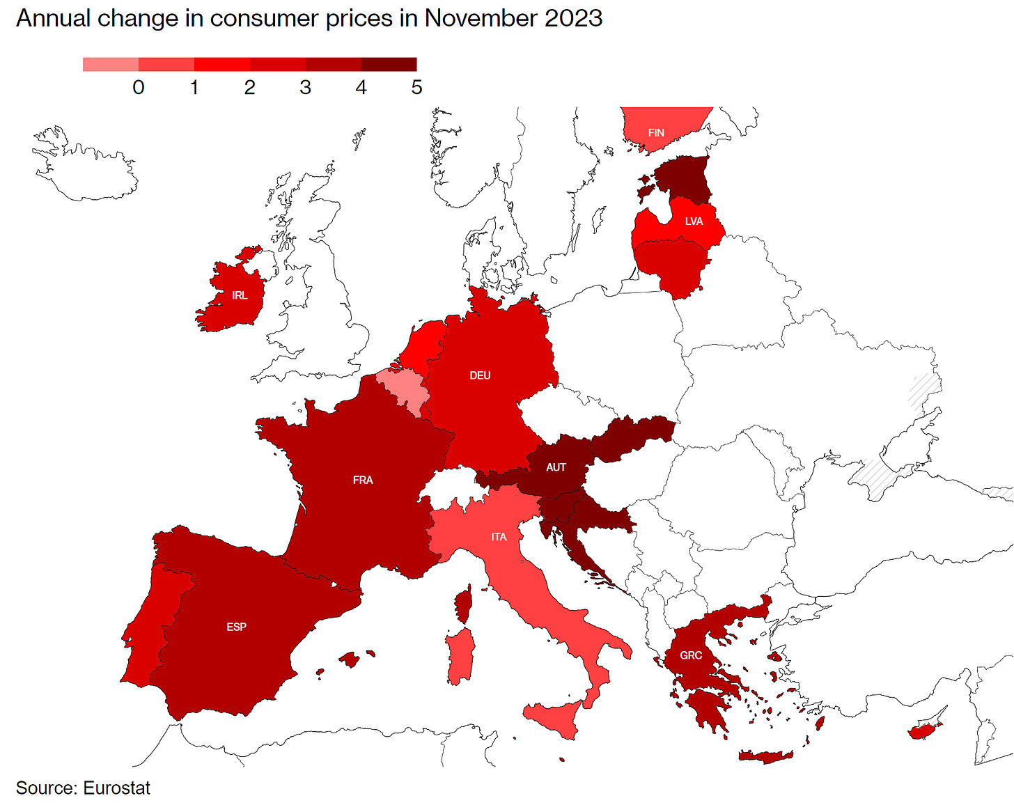 (Map) Euro-zone Annual Change In Consumer Prices in Percentage Points.