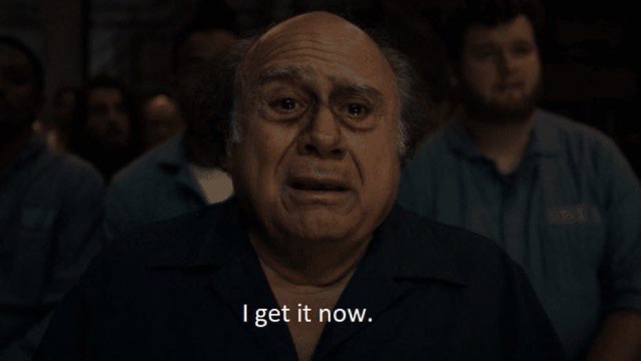 Danny DeVito as Frank Reynolds crying and saying "I get it now" with new understanding