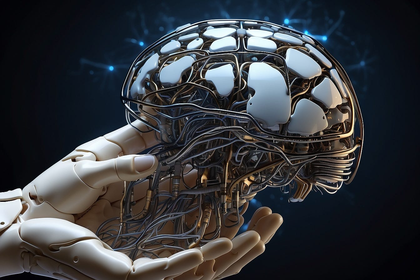 A futuristic robot delicately holds the human brain, nerve network coming out of the brain, emerging energy, and its metallic hand holding the brain