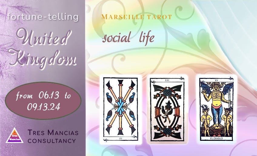 Marseille Tarot for United Kingdom (from 06.13 to 09.13.24). Fortune-telling and forecasting in Tres Mancias Consultancy.