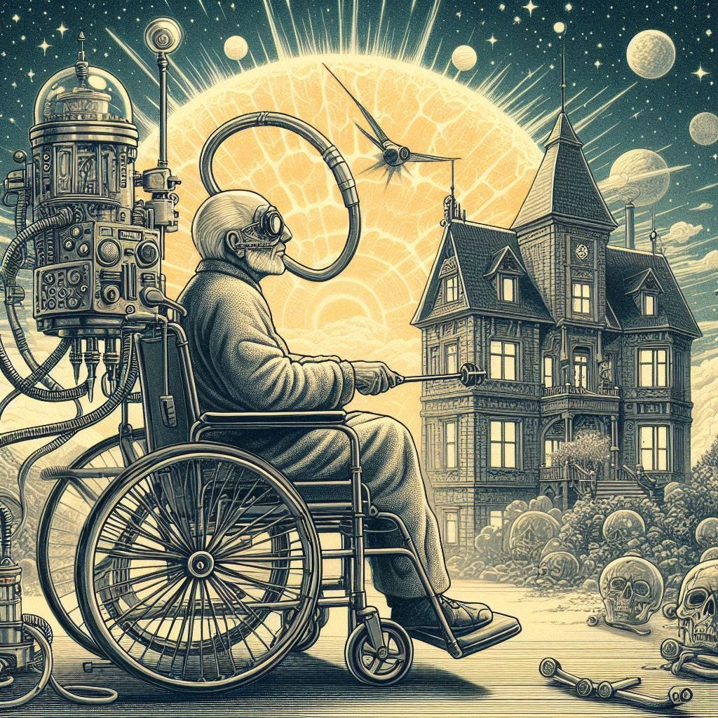 200-year old man in wheelchair with tubes from his head to a machine in the back, mansion, solarpunk drawing