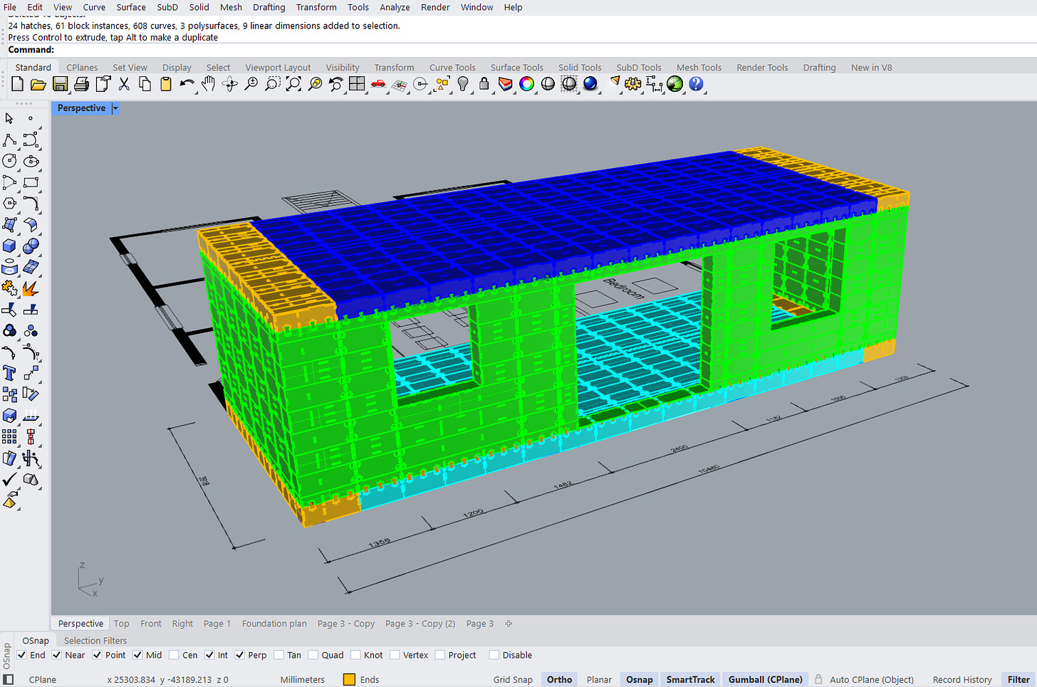 Image shows 3d model of a house extension modelled in Rhino software. The extension has been created using WikiHouse blocks