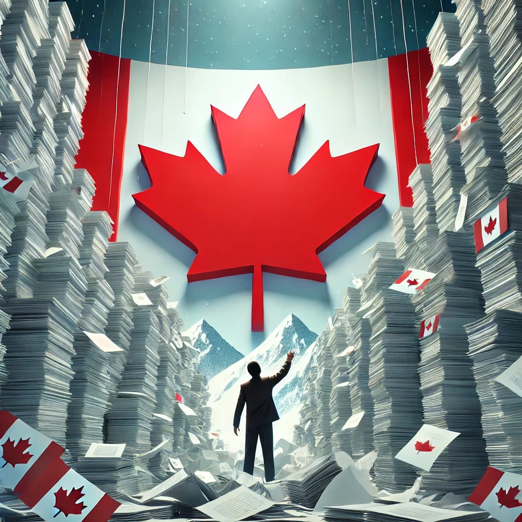 A person standing in front of a large symbolic representation of Canada, like a maple leaf or a Canadian map, while being surrounded by towering, chaotic stacks of papers and forms, representing a burdensome amount of regulations. The person looks conflicted, reaching through the chaos. The background subtly features Canadian landscapes like snow-covered mountains or a hint of the Canadian flag. The image captures a sense of frustration with bureaucracy while maintaining national pride.