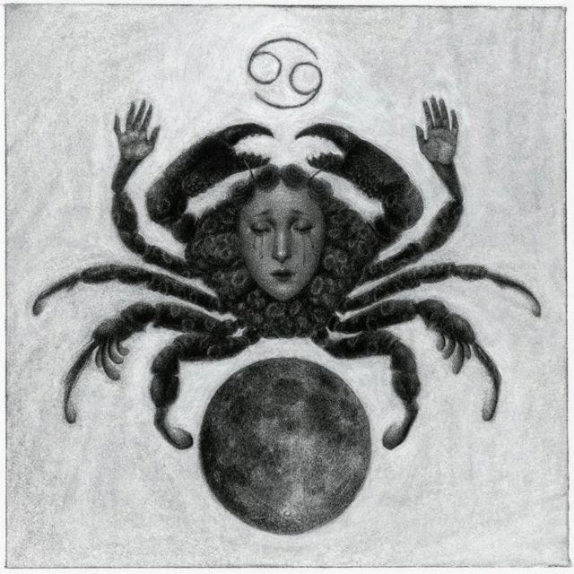 This may contain: a drawing of a woman with her hands in the air and a spider crawling over her head