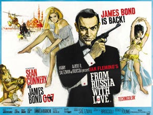 The upper centre of the poster reads "Meet James Bond, secret agent 007. His new incredible women ... His new incredible enemies ... His new incredible adventures ..." To the right is Bond holding a gun, to the left a montage of women, fights, and an explosion. On the bottom of the poster are the credits.