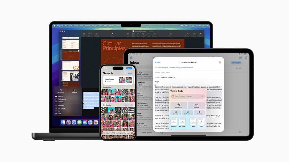 New Apple Intelligence features are shown on a range of iPhone, iPad, and Mac devices.