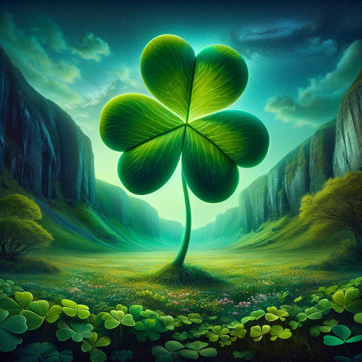 This image depicts a fantastical landscape dominated by a gigantic three-leafed shamrock that stands tall at the center. Each leaf of the shamrock is oversized and radiates with a lush green color that has a luminescent quality, with prominent veining details that suggest vitality and growth. The shamrock has a smooth, curved stem that anchors it to the ground where smaller, regular-sized shamrocks and various flowers blanket the soil, creating a dense undergrowth.  The setting is a verdant valley flanked by steep cliffs on both sides. The cliffs appear almost vertical, with striations indicating geological layers, and they have a grayish-blue tint, suggesting the presence of stone or slate. Atop the cliffs, greenery can be seen clinging to the edges, while a few trees with bright green foliage grow in the distance, indicating life thriving even in these high places.  The sky above is a twilight canvas, with stars beginning to emerge. Hues of blue and subtle greens blend into the dusk, casting a serene and otherworldly glow over the entire scene. The atmosphere suggests it is either dawn or dusk due to the soft lighting and the presence of stars. The overall impression is one of enchantment and lush tranquility, with the oversized shamrock creating a sense of magic and wonder within a natural, yet surreal, world.