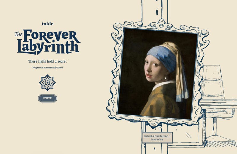 A screenshot of the website for The Forever Labyrinth which features an image of the painting 'Girl with a Pearl Earring' on a handdrawn background of a frame, desk, and chair.