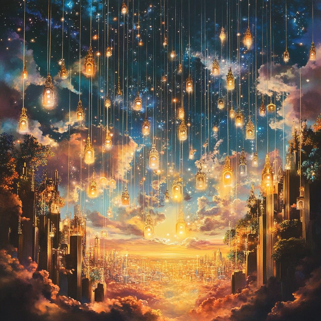 Mijourney AI’s rendering of a multitude of “keyholes” cascading light from the night sky above a futuristic city scape.