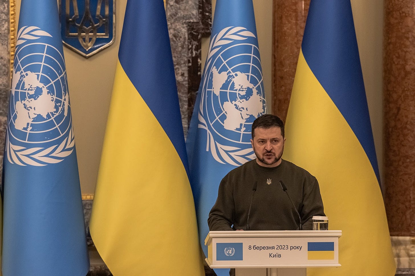Ukrainian President Volodymyr Zelensky delivers a speech in Kyiv.