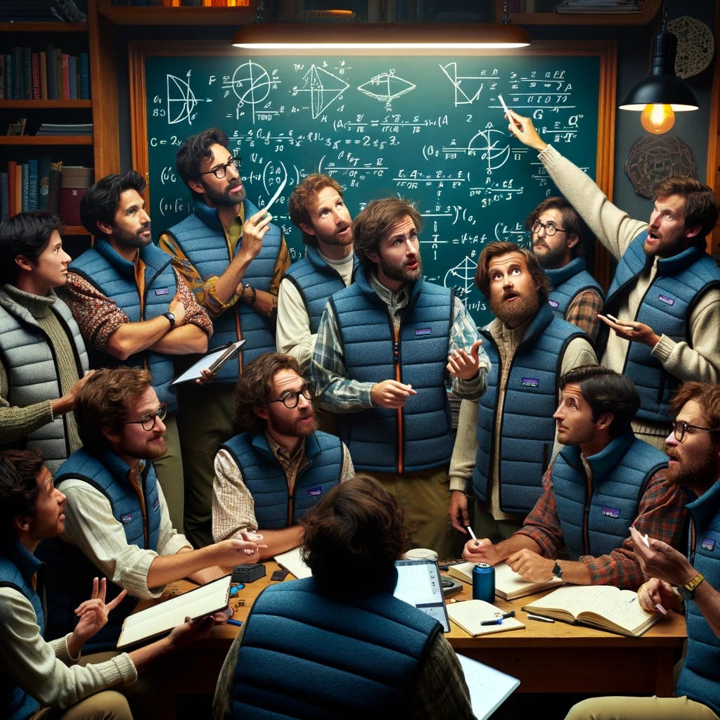 A group of enthusiastic nerds, each donning the iconic Patagonia vests, gather around a large chalkboard filled with complex mathematical equations and diagrams. Their expressions range from intense concentration to eager anticipation as they engage in a collaborative effort to solve the problem. The scene is set in a cozy, well-lit study room, with books and gadgets scattered around, adding to the intellectual ambiance. Some of the nerds are pointing at the chalkboard, discussing potential solutions, while others jot down notes and calculations on their tablets and notebooks. The atmosphere is one of camaraderie and shared passion for mathematics.