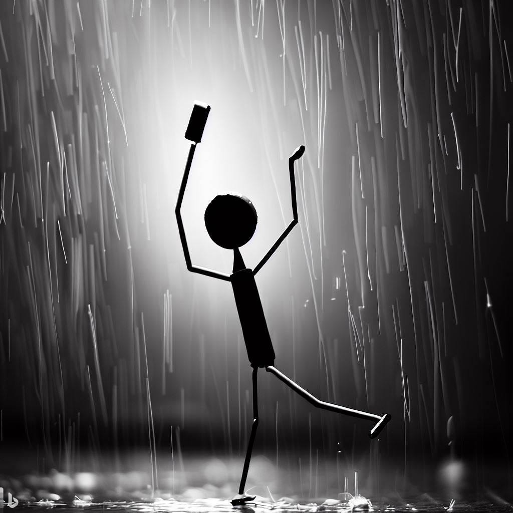 a stick figure dancing in the rain with an iphone