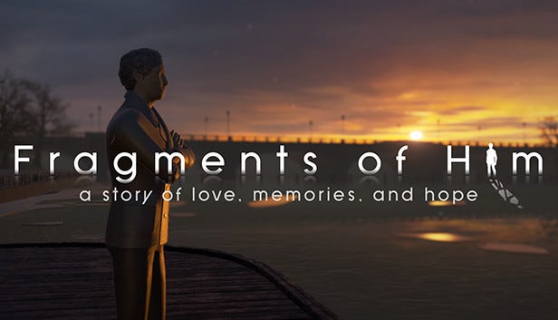 Harry, a lead character from the video game Fragments of Him stands in front of a melancholy sunset. Overlaid words say: Fragments of Him: a story of love, memories, and hope.