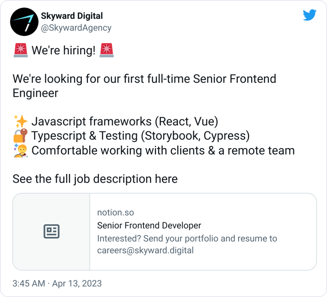 🚨 We're hiring! 🚨  We're looking for our first full-time Senior Frontend Engineer  ✨ Javascript frameworks (React, Vue) 🔐 Typescript & Testing (Storybook, Cypress) 🧑‍🚀 Comfortable working with clients & a remote team  See the full job description here