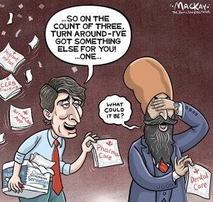 Raising concern about Trudeau's governance due to issues like ArriveCAN mismanagement, CERB problems, and potential pitfalls of rushed decisions for political support, such as quick deals on Pharmacare and Dental care.