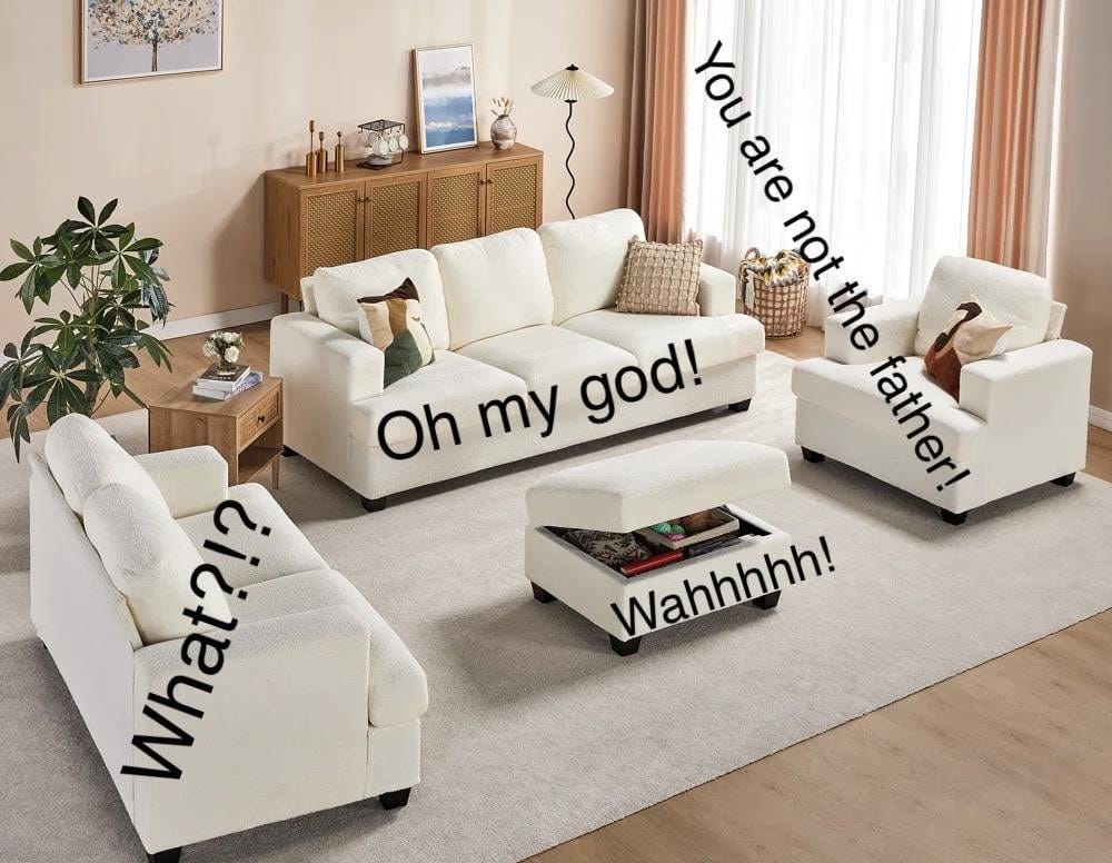 A couch, a loveseat, and an upholstered chair have an excited conversation while a slightly open ottoman wails "Wahhhhh!"