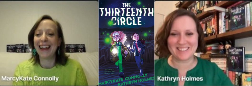MarcyKate and Kathryn in Zoom windows, with The Thirteenth Circle's cover between them.