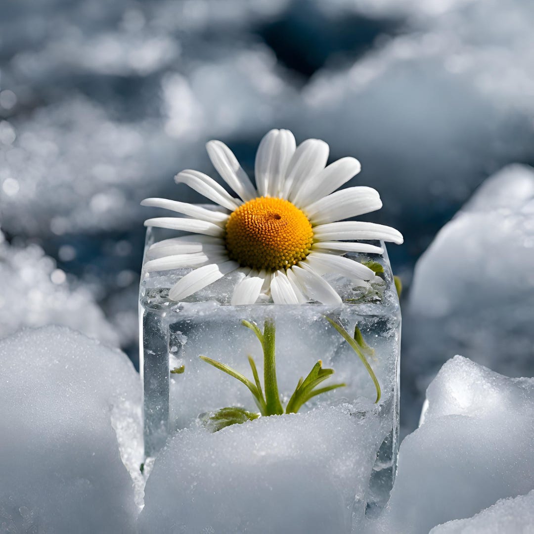 daisy growing from ice cube