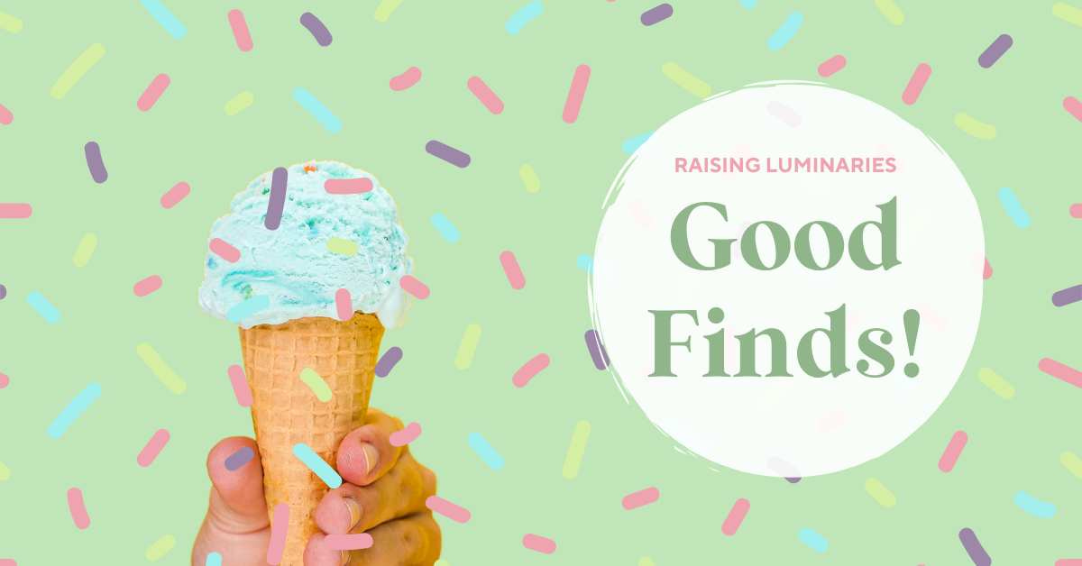 raising luminaries good finds, hand holding blue ice cream in a cone, multicolor pastel sprinkles of joy!