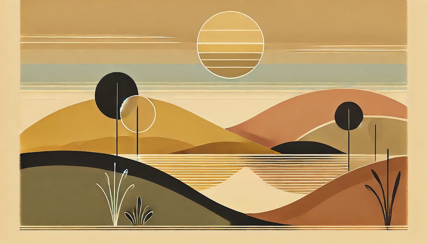 A minimalistic abstract landscape featuring rolling hills in shades of yellow, brown, and gold, with a serene lake in the foreground. The scene includes a warm sunset glow in the sky and two minimalist plants or trees on either side of the image, emphasizing a tranquil and artistic atmosphere.