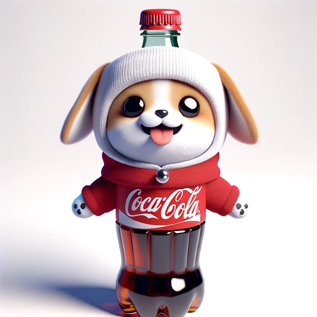 Render of a meme with a Coca-Cola bottle donning adorable dog apparel, complete with a tiny hat and paws. The scene is light-hearted and playful.
