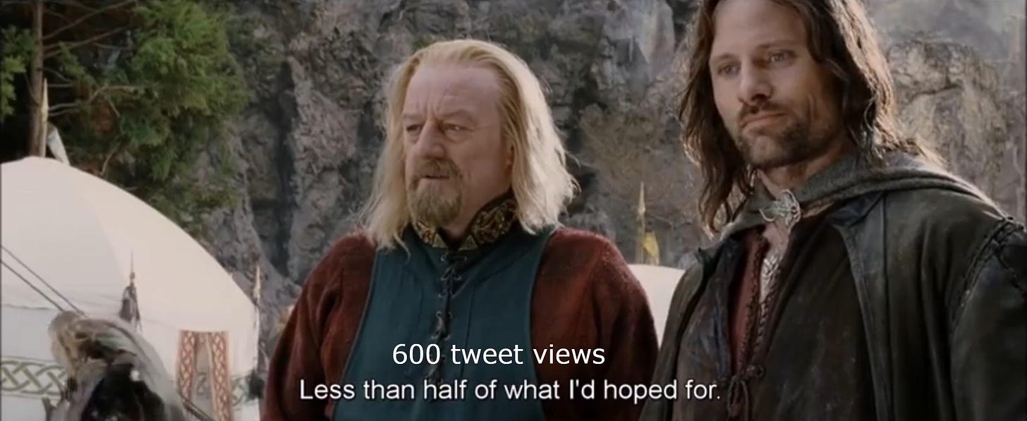 Theoden telling Aragorn "600 tweet views. Less than half of what I'd hoped for"