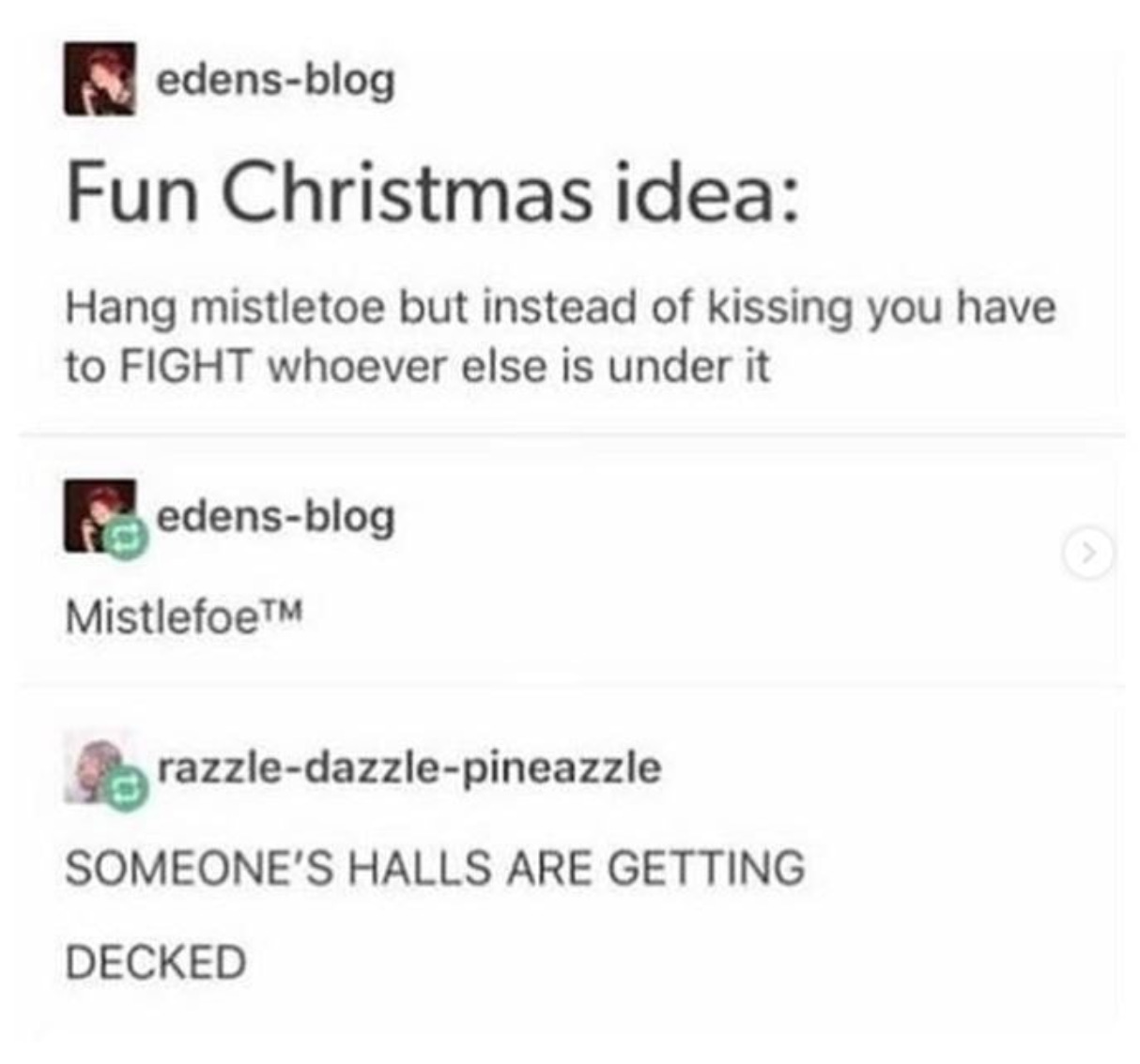A tumblr post: Fun Christmas idea: Hang mistletoe but instead of kissing you have to FIGHT whoever else is under it. Reply: Mistlefoe Reply 2: SOMEONE'S HALLS ARE GETTING DECKED