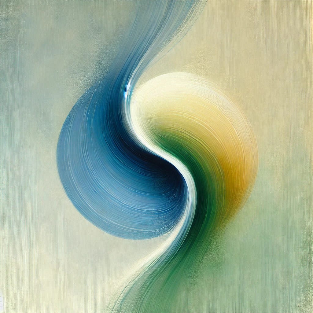 An abstract painting featuring a single, fluid shape symbolizing unity and integration. The shape should be soft and flowing, without any words or text. The colors should be calm and harmonious, with shades of blue, green, and yellow to create a sense of peace and inclusivity. The background should be minimal, with smooth brushstrokes that emphasize simplicity and balance, evoking a feeling of connection and openness.