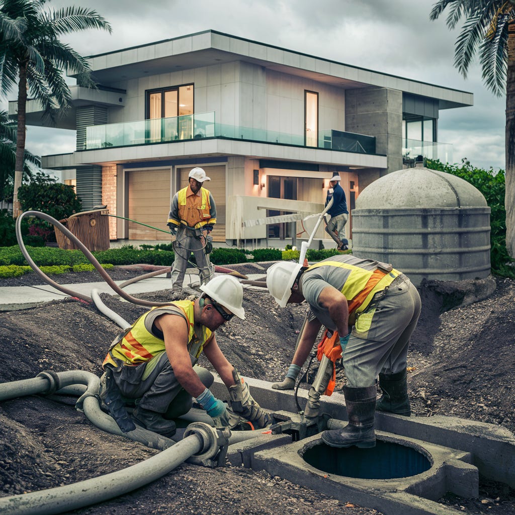 A visual representation of a typical Palm Bay neighborhood transitioning from septic tanks to sewer systems, showing workers installing new sewer lines and removing old septic tanks, with homes in the background. This image can highlight the community effort and infrastructure upgrade aspect of the program.
