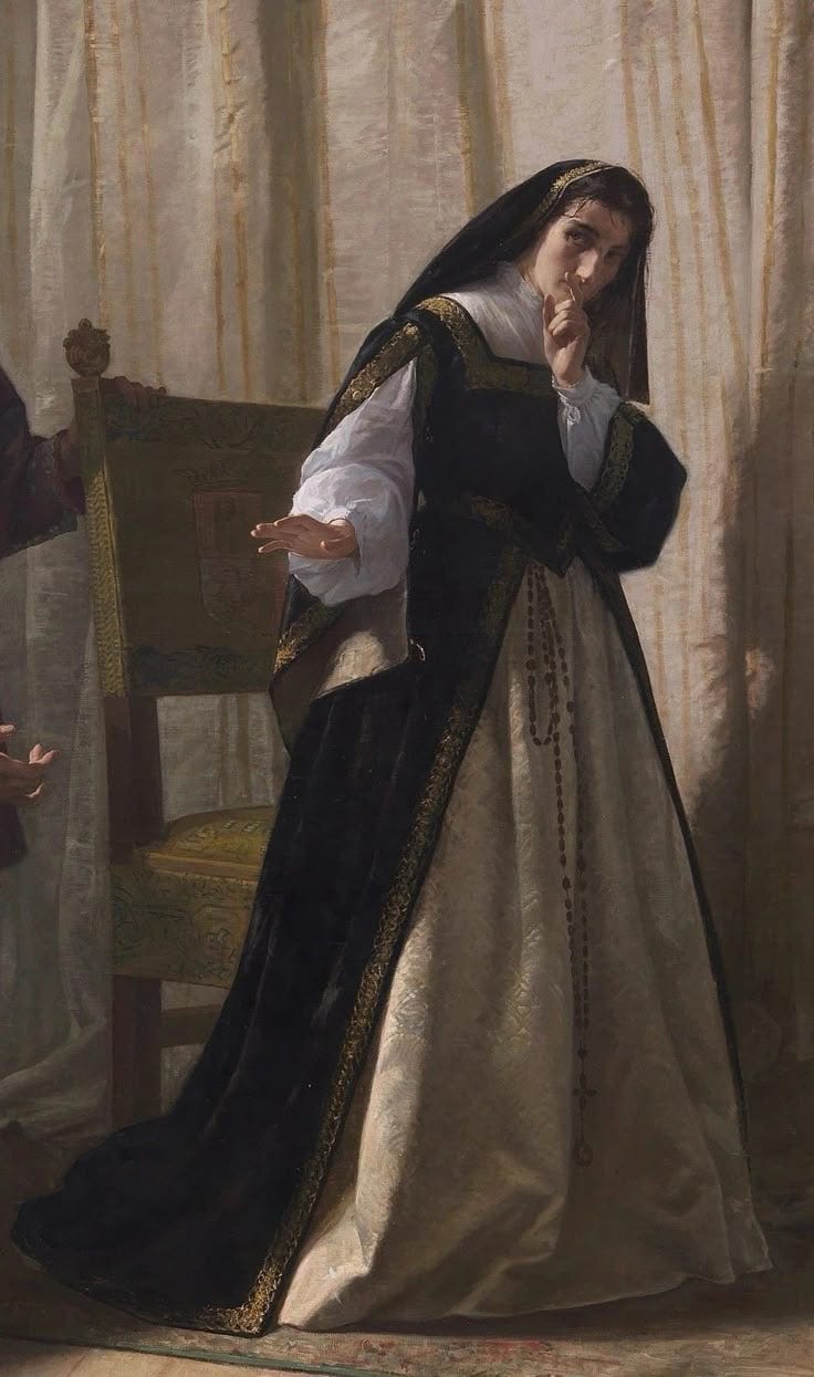 This may contain: a painting of a woman dressed in black and white, standing next to a chair
