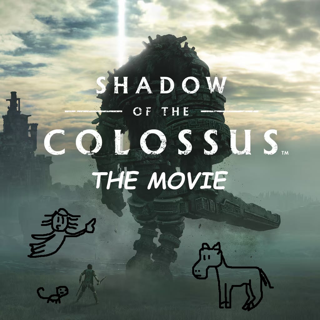 A stone giant strides in epic lighting. In the foreground, a small figure looks brave. Alongside this are a crudely drawn floating ghost-like woman, a gecko, and a big horse. The title 'Shadow of the Colossus' is nicely rendered in a weathered font, while 'THE MOVIE' has been added in Comic Sans (the worst, least serious font).