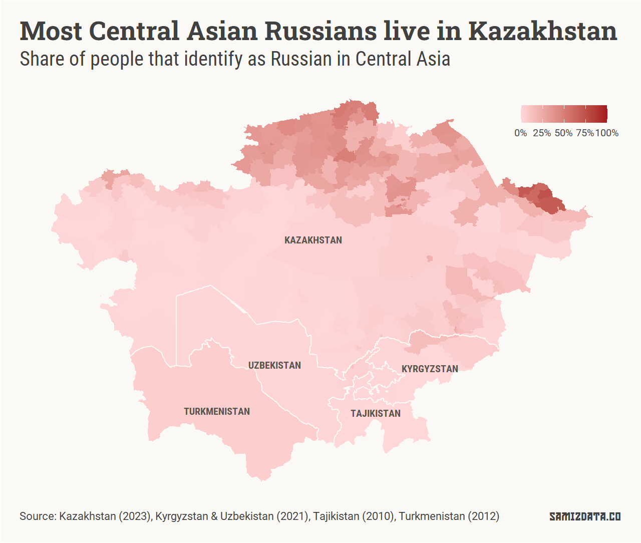 Map of Kazakhstan, Kyrgyzstan, Tajikistan, Turkmenistan and Uzbekistan, showing the share of Russians in each one of their regions according to the latest censuses.