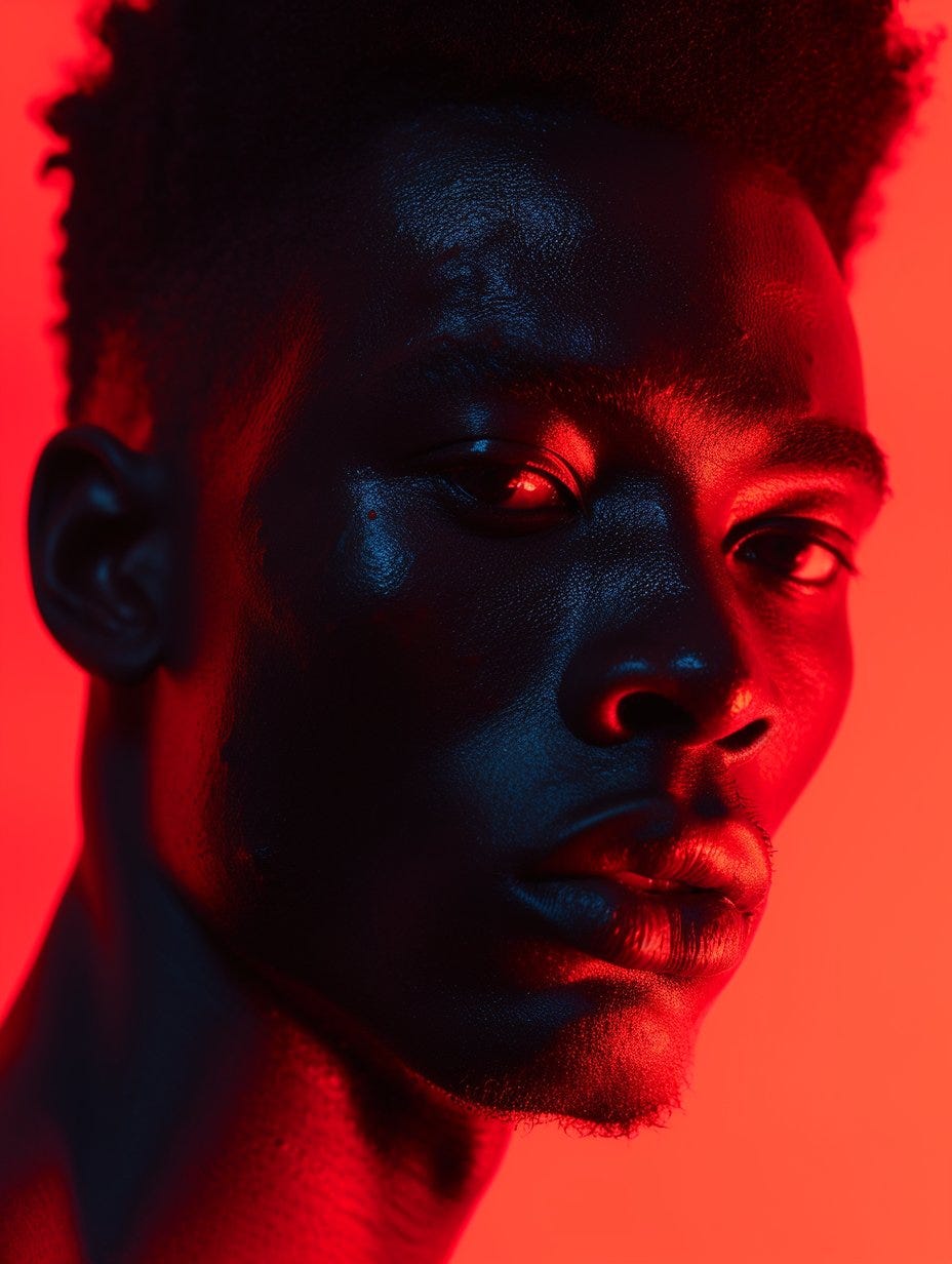 Portrait of an handsome afro-asian man in 'Chiaroscuro Neon', blending deep facial shadows with striking neon accents, in shadow deep grey and neon crimson red, abrasive authenticity, ambient occlusion --style raw --v 6.0 --ar 3:4