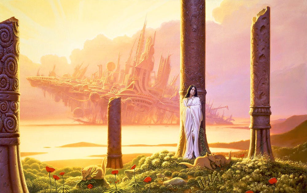 With arms crossed and wearing long white robes, a young woman leans against a pillar and offers the audience an apathetic glance. Behind her, the warm glow of the setting sun—unseen behind low billowing clouds—illuminates the water and the tilted remains of a futuristic city. It's not clear if the city is sinking or rising out of the water. On close examination, human and animal bones can be seen in relief on the surface of the pillar. The weathered stumps of other pillars can be seen in the field around her. Small creatures, cute and furry, stop for a snack on alien vegetation, which includes red flowers that stand vibrant among the muted greens in the foreground.